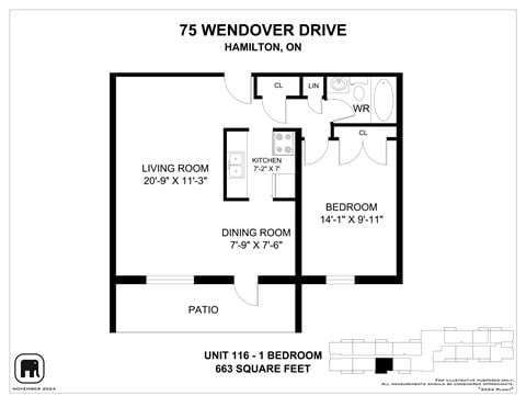 Floor plan for 1 bed, 1 bath, 694 sqft